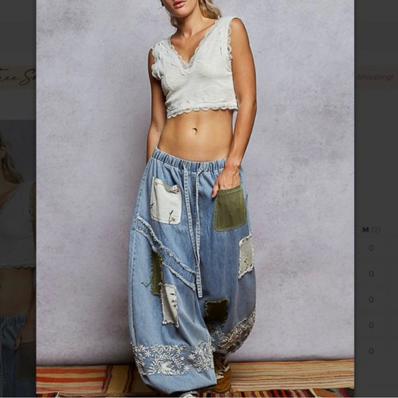 POL Pants - NWOT POL Floral Patchwork Denim Joggers, Size Medium